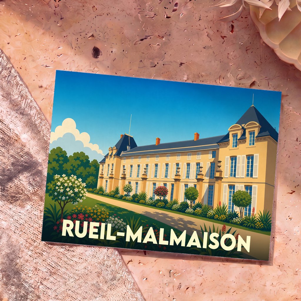 Carte postale souvenir de la ville de Rueil-Malmaison illustrant le château de Malmaison dans un style graphique épuré.