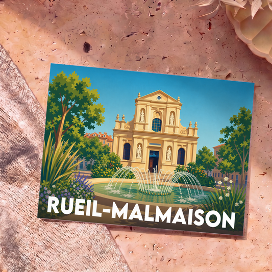Carte postale souvenir de la ville de Rueil-Malmaison illustrant l'église Saint-Pierre-Saint-Paul et sa fontaine dans un style graphique épuré.
