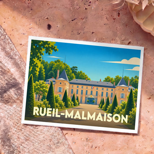 Carte postale souvenir de la ville de Rueil-Malmaison illustrant le château de Malmaison dans un style graphique épuré.