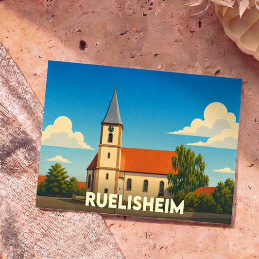 Carte postale souvenir de la ville de Ruelisheim avec une illustration stylisée de son église.