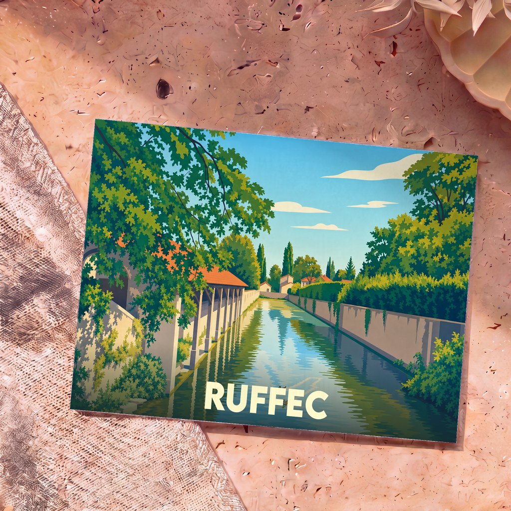 Carte postale souvenir de la ville de Ruffec avec une illustration stylisée d'un canal bordé de verdure.