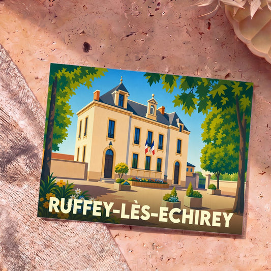 Carte postale souvenir de la ville de Ruffey-lès-Echirey illustrant la mairie dans un style graphique épuré et coloré.