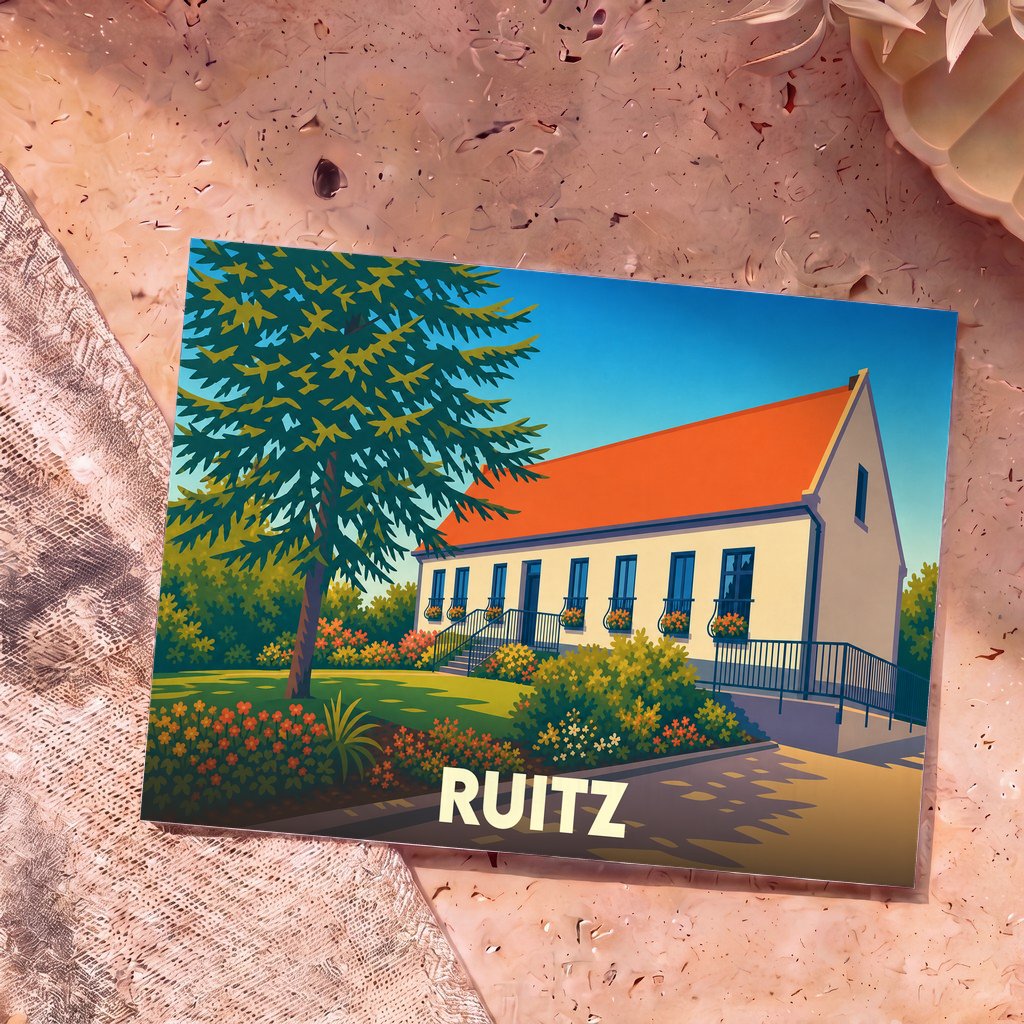 Carte postale souvenir de la ville de Ruitz avec une illustration stylisée d'une maison traditionnelle fleurie.