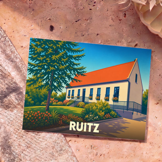 Carte postale souvenir de la ville de Ruitz avec une illustration stylisée d'une maison traditionnelle fleurie.