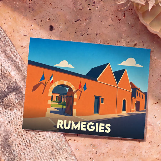 Carte postale souvenir de la ville de Rumegies avec une illustration stylisée d'un bâtiment emblématique sous un ciel bleu.