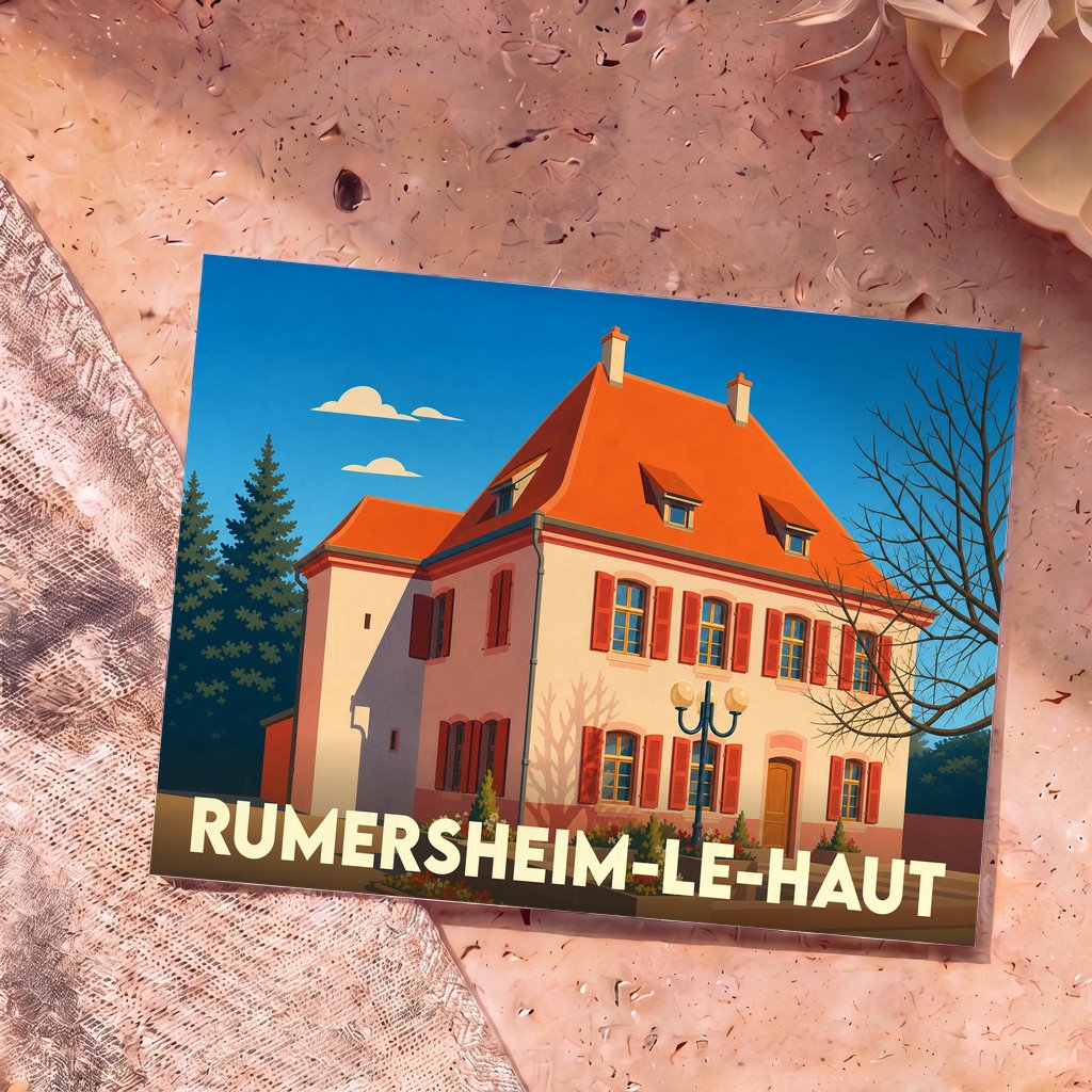 Carte postale souvenir de la ville de Rumersheim-le-Haut avec une illustration stylisée d'un bâtiment traditionnel alsacien.