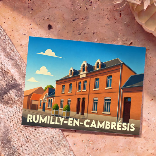 Carte postale souvenir de la ville de Rumilly-en-Cambrésis illustrée d'un bâtiment en briques rouges.
