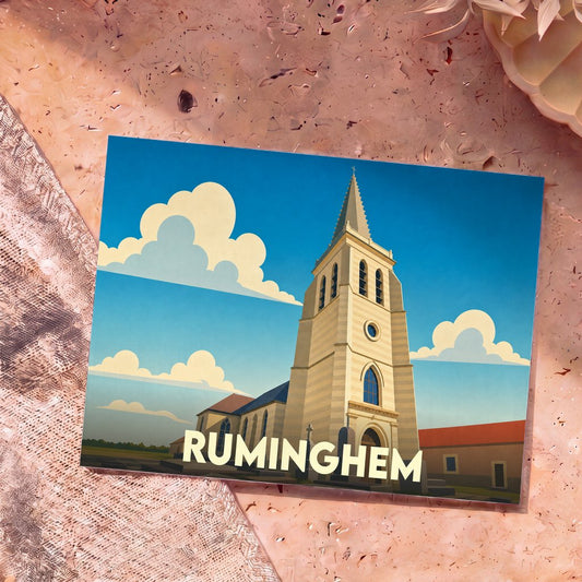 Carte postale souvenir de la ville de Ruminghem avec une illustration stylisée de son église sous un ciel nuageux.