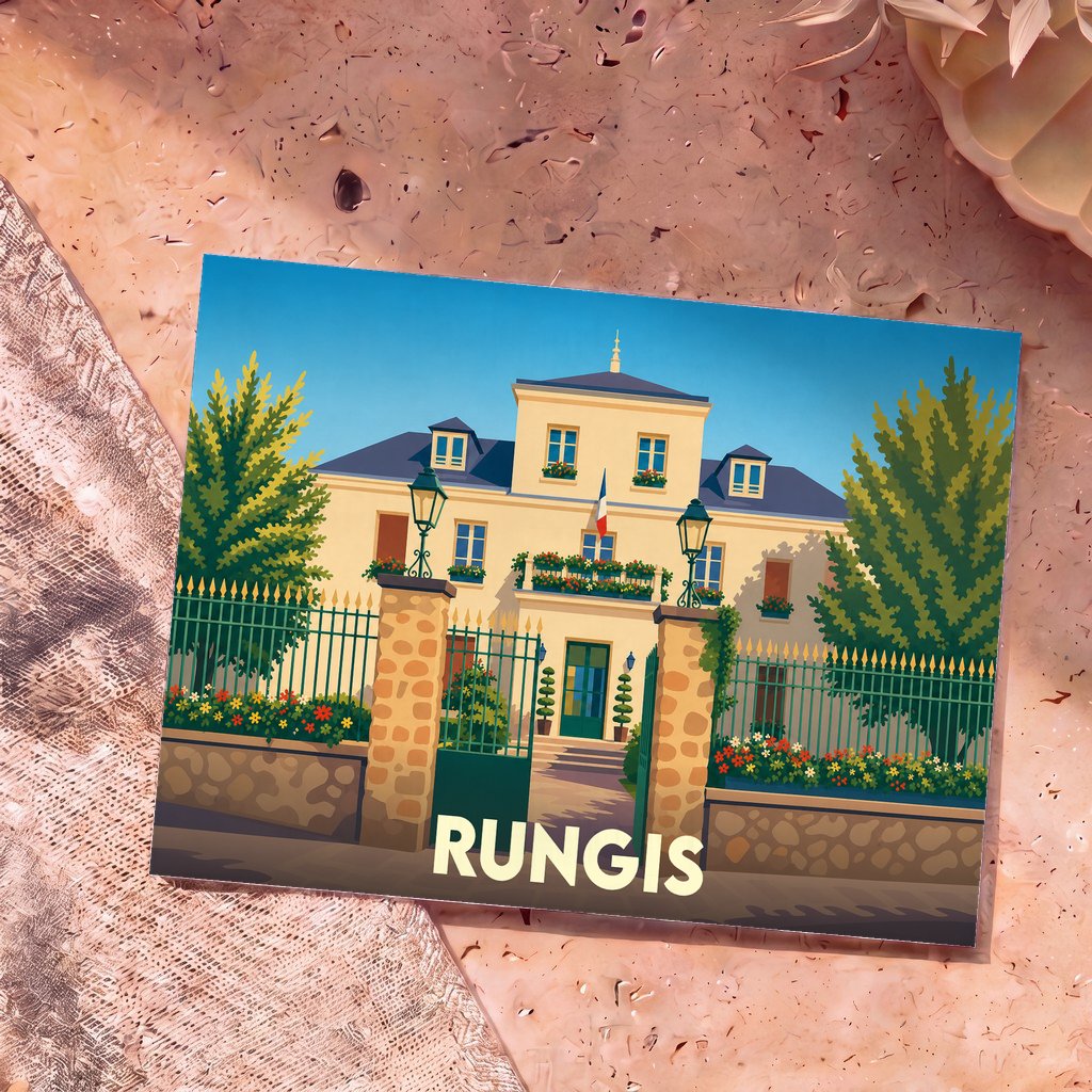 Carte postale souvenir de la ville de Rungis avec une illustration stylisée de son hôtel de ville.