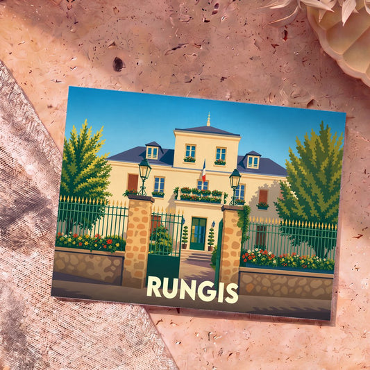 Carte postale souvenir de la ville de Rungis avec une illustration stylisée de son hôtel de ville.