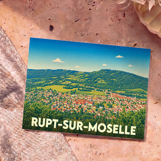 Carte postale souvenir de la ville de Rupt-sur-Moselle avec une illustration panoramique stylisée.