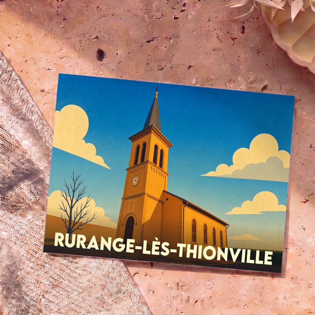 Carte postale souvenir de la ville de Rurange-lès-Thionville arborant une illustration stylisée de son église sous un ciel azur.