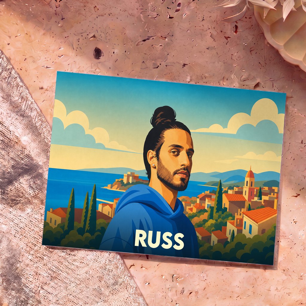Carte postale souvenir de la ville de Russ avec une illustration stylisée d'un homme devant un paysage méditerranéen.