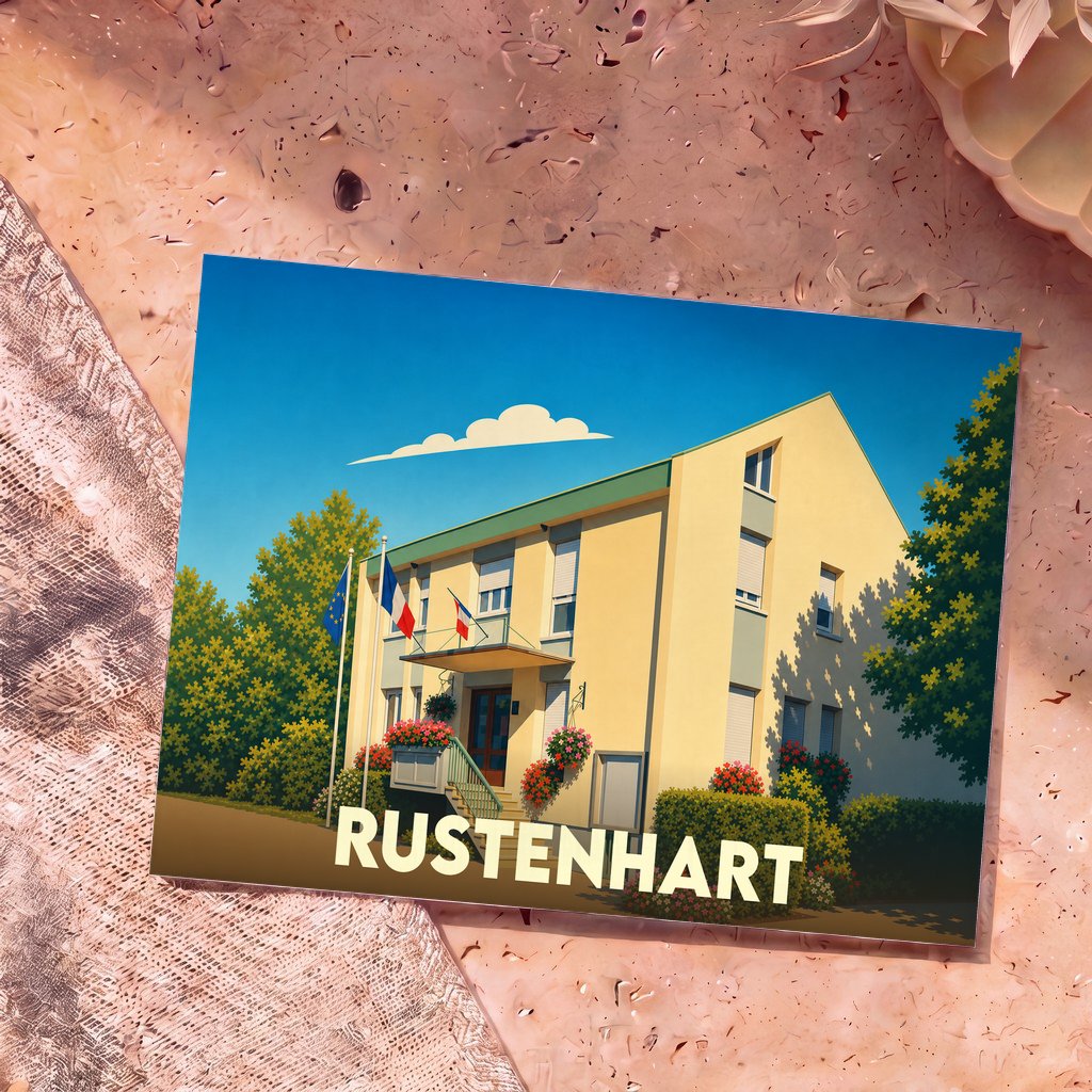 Carte postale souvenir de la ville de Rustenhart illustrant l'hôtel de ville dans un style épuré.
