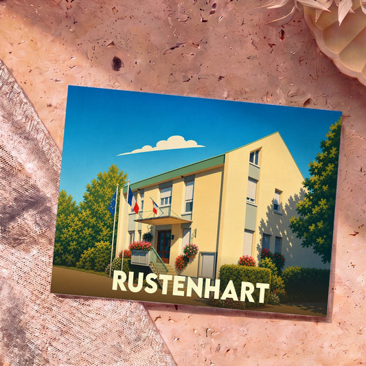 Carte postale souvenir de la ville de Rustenhart illustrant l'hôtel de ville dans un style épuré.