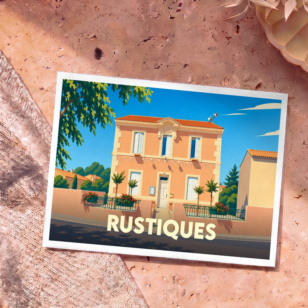 Carte postale souvenir de la ville de Rustiques avec une illustration colorée et stylisée de sa mairie.