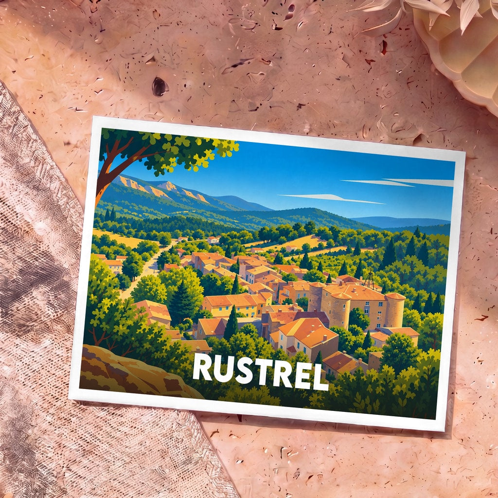 Carte postale souvenir de la ville de Rustrel avec une illustration colorée de ses paysages et de son village.