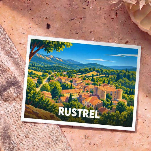 Carte postale souvenir de la ville de Rustrel avec une illustration colorée de ses paysages et de son village.