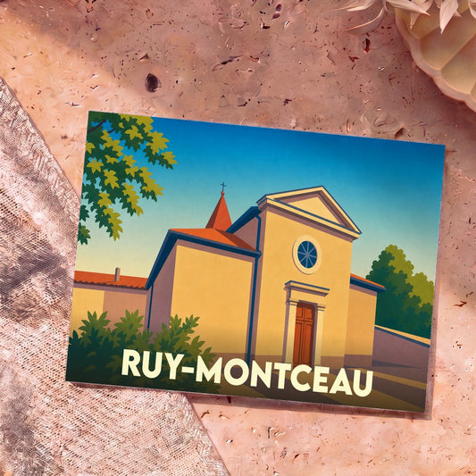 Carte postale souvenir de la ville de Ruy-Montceau avec une illustration stylisée de son église.