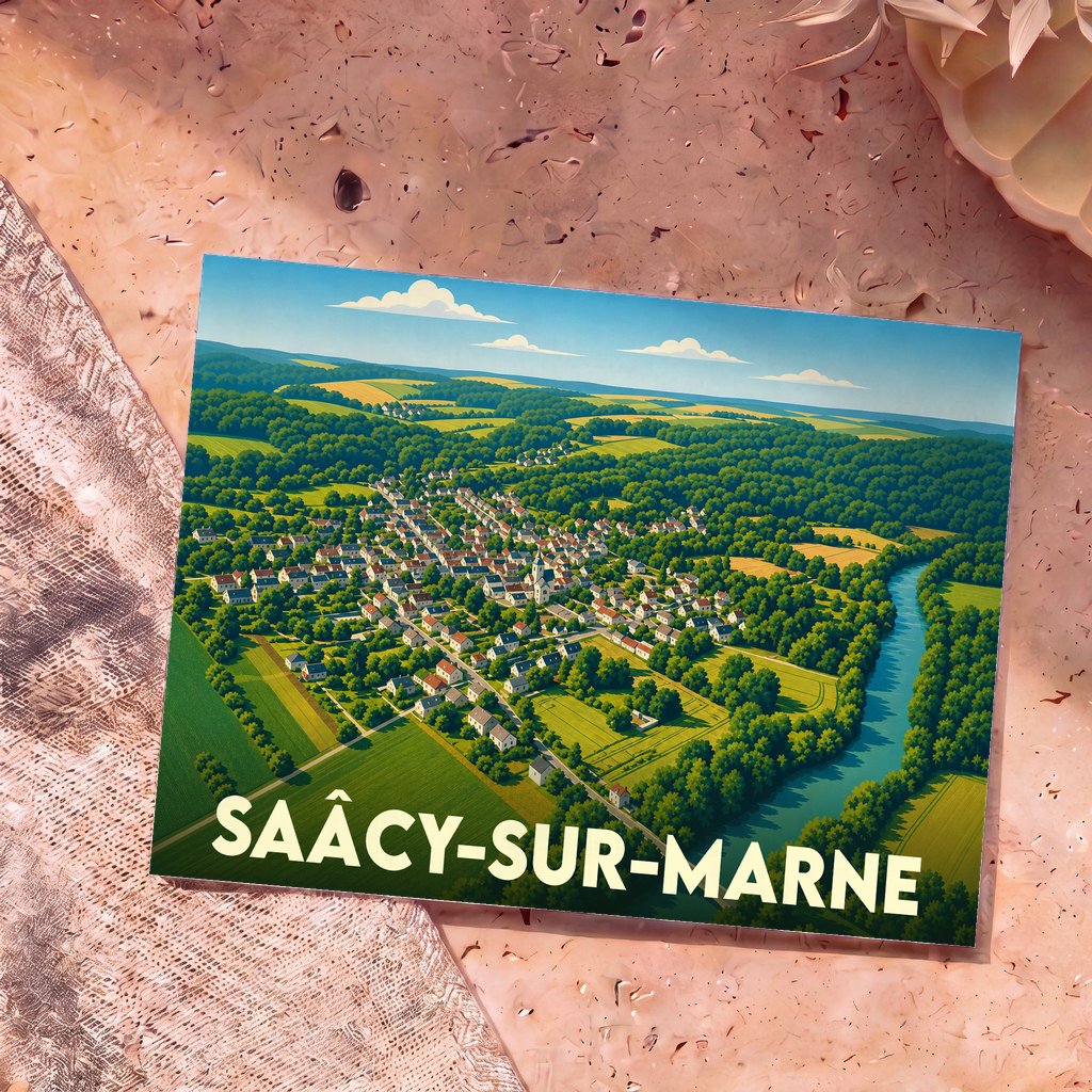 Carte postale souvenir de la commune de Saâcy-sur-Marne illustrée d'une vue aérienne stylisée du village en bord de rivière.