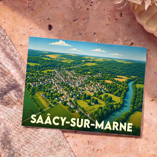 Carte postale souvenir de la commune de Saâcy-sur-Marne illustrée d'une vue aérienne stylisée du village en bord de rivière.