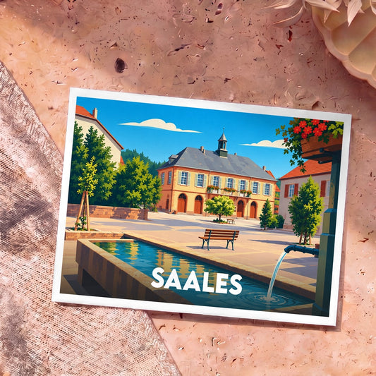 Carte postale souvenir de la ville de Saales avec une illustration stylisée de sa place centrale et d'une fontaine.