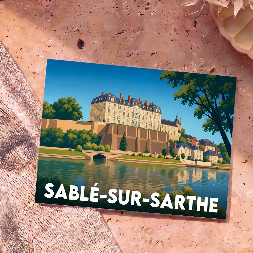Carte postale souvenir de la ville de Sablé-sur-Sarthe avec une illustration stylisée de son château surplombant la rivière.