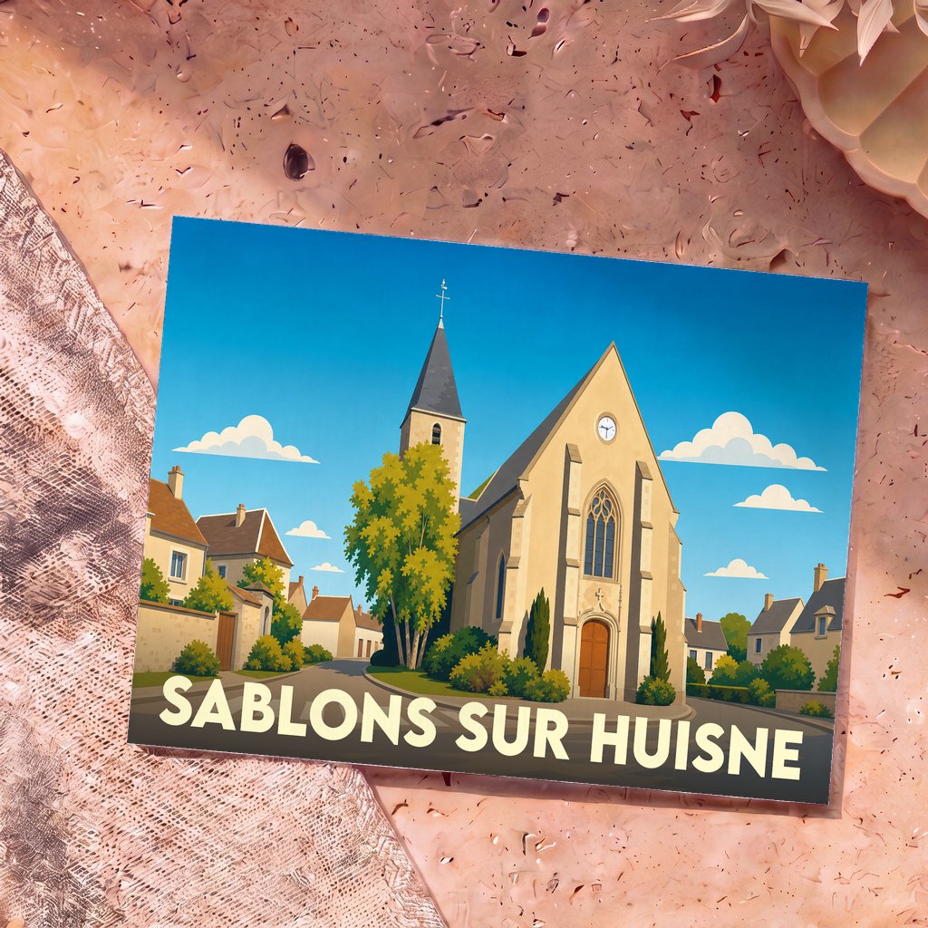 Carte postale souvenir de Sablons sur Huisne illustrant l'église du village dans un style épuré.
