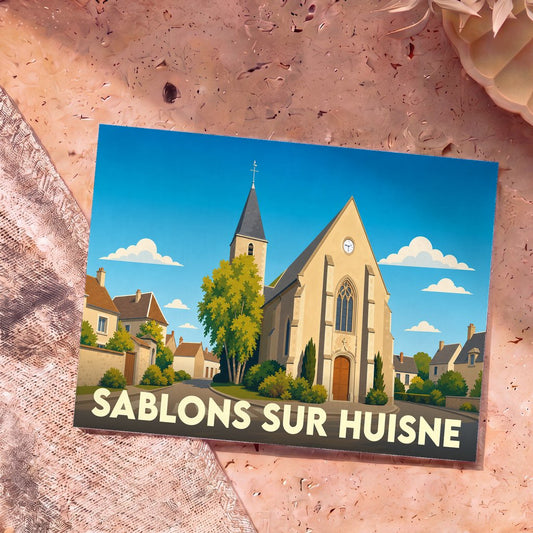 Carte postale souvenir de Sablons sur Huisne illustrant l'église du village dans un style épuré.