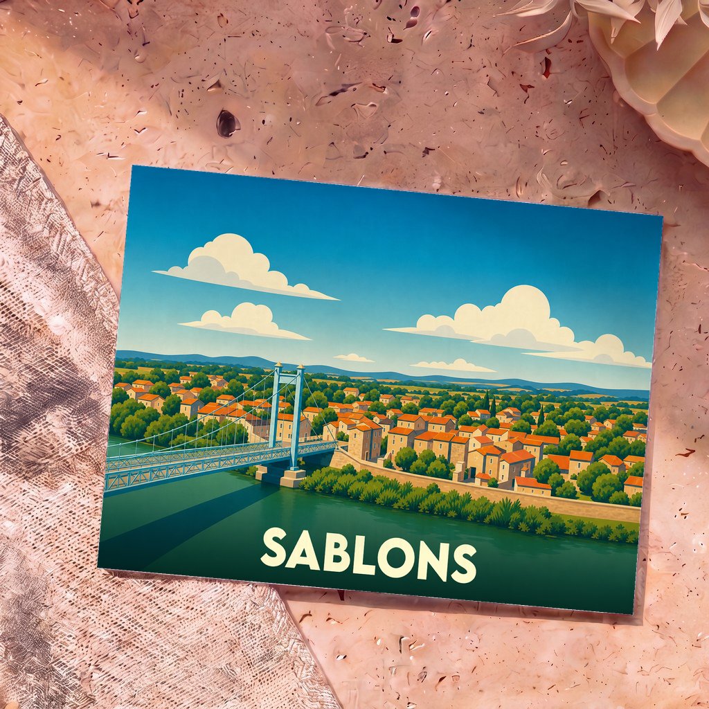 Carte postale souvenir de la ville de Sablons avec une illustration stylisée d'un pont suspendu et d'un village en bord de rivière.