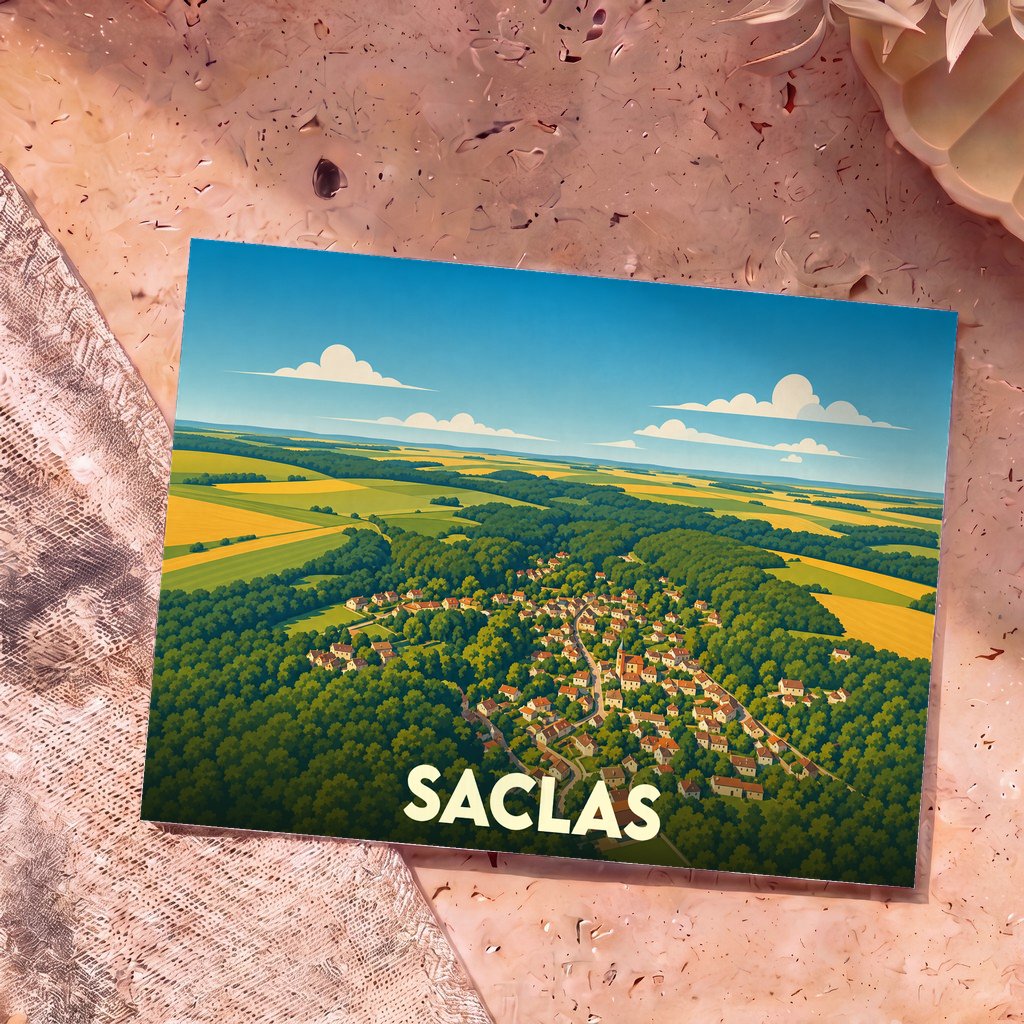 Carte postale souvenir de la ville de Saclas avec une illustration stylisée vue du ciel.