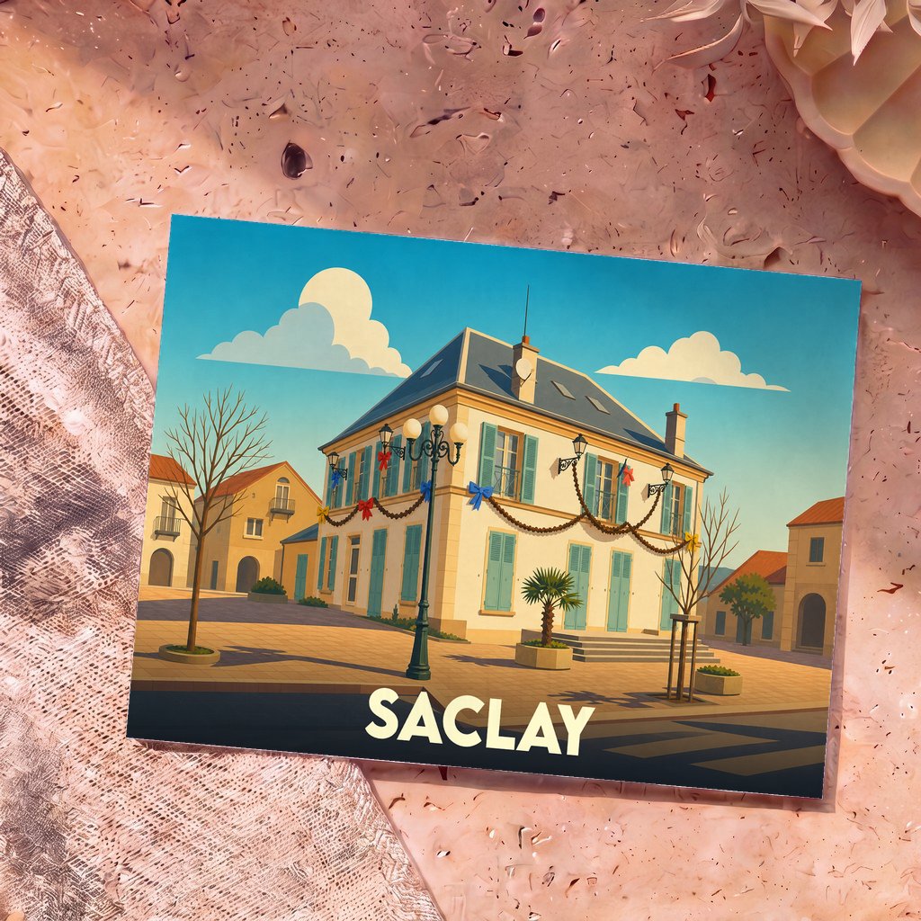 Carte postale souvenir de la ville de Saclay avec une illustration stylisée d'une bâtisse décorée sur une place ensoleillée.
