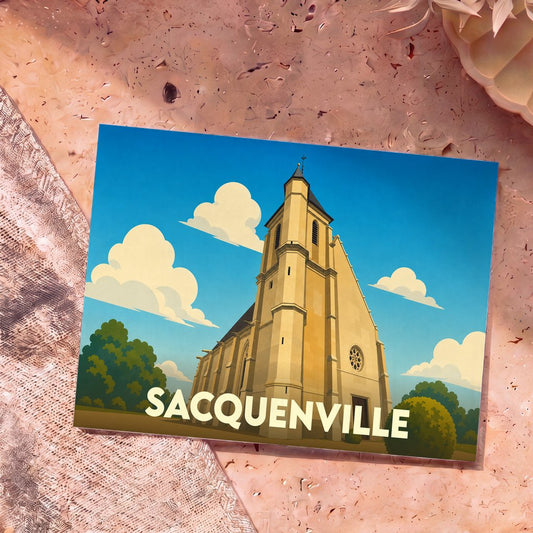 Carte postale souvenir de la ville de Sacquenville illustrant son église dans un style graphique épuré.
