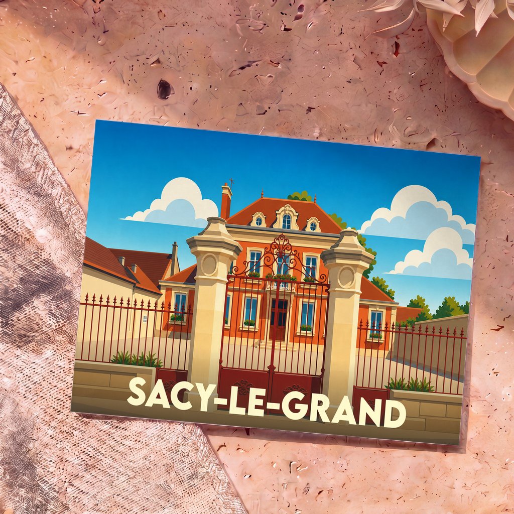 Carte postale souvenir de la ville de Sacy-le-Grand avec une illustration stylisée d'un château derrière sa grille.