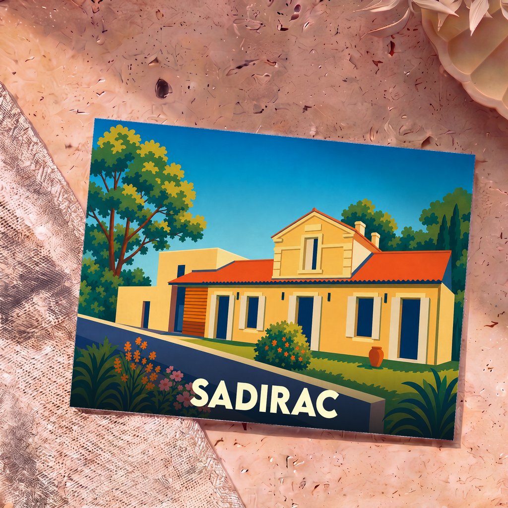 Carte postale souvenir de la ville de Sadirac illustrant une maison traditionnelle au style épuré.