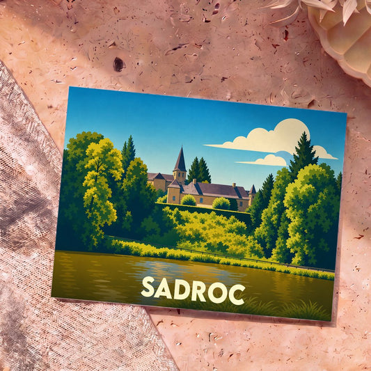 Carte postale souvenir de la ville de Sadroc présentant une illustration stylisée d'un château au bord de l'eau.