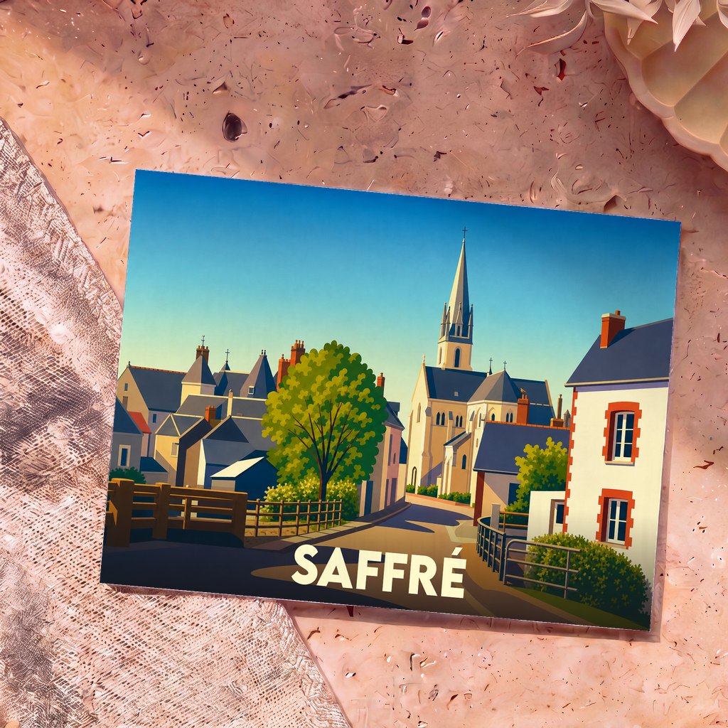 Carte postale souvenir de la ville de Saffré avec une illustration stylisée et colorée de son centre-bourg.