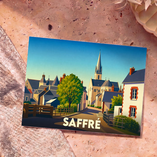 Carte postale souvenir de la ville de Saffré avec une illustration stylisée et colorée de son centre-bourg.
