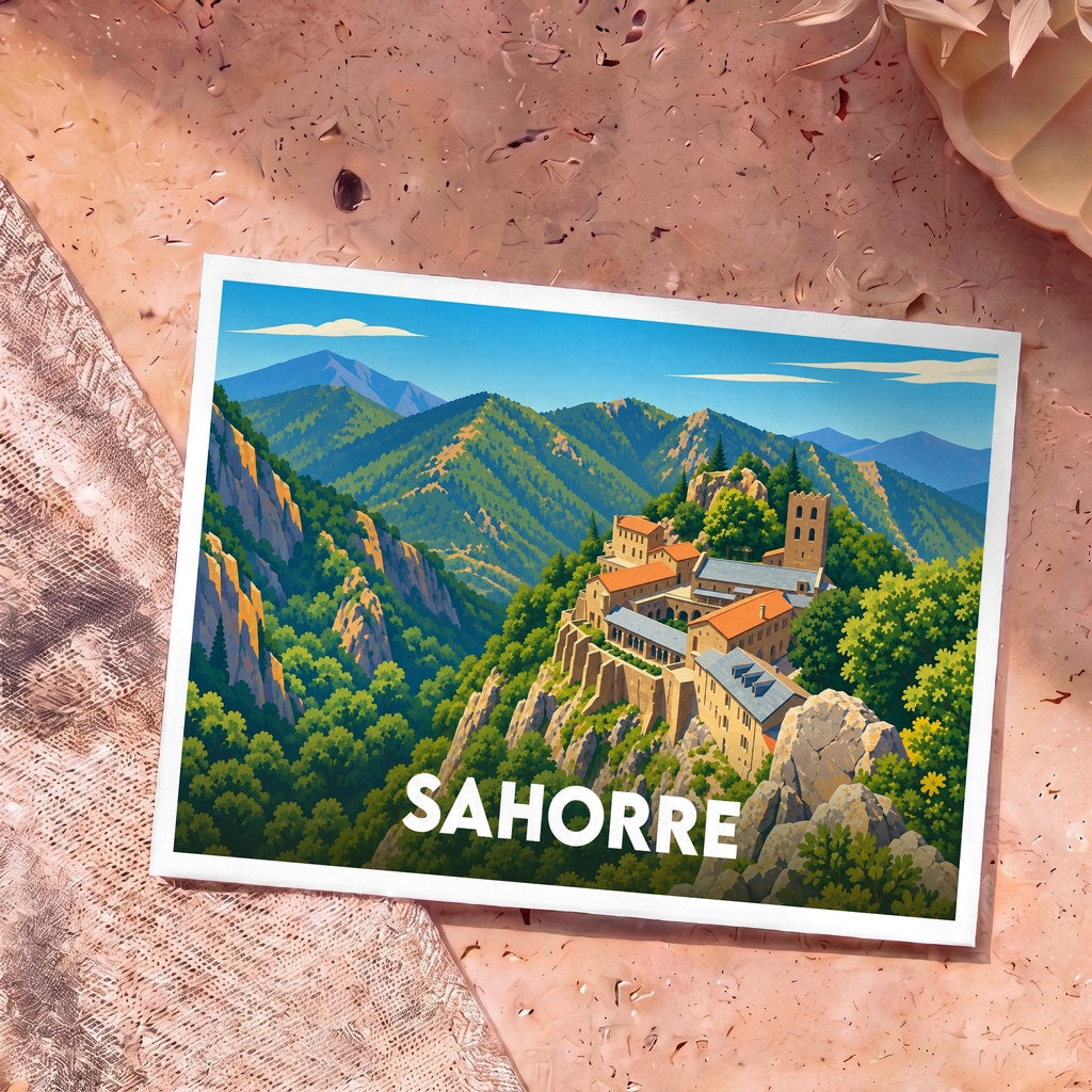 Carte postale souvenir de la ville de Sahorre avec une illustration stylisée d'un village de montagne niché au cœur d'une vallée verdoyante.
