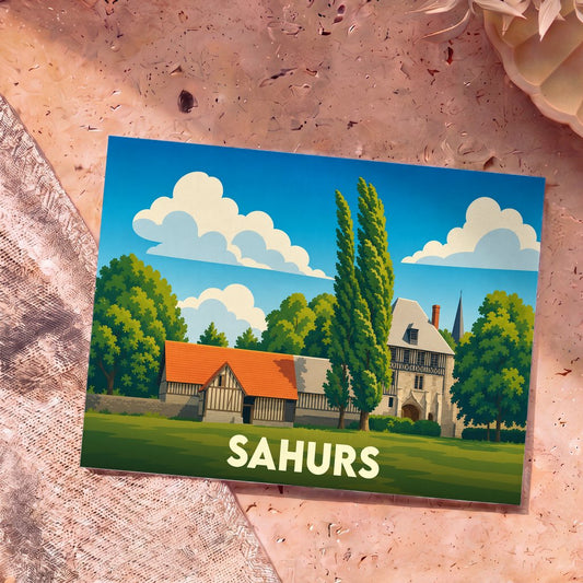 Carte postale souvenir de la ville de Sahurs avec une illustration stylisée d'un manoir normand.