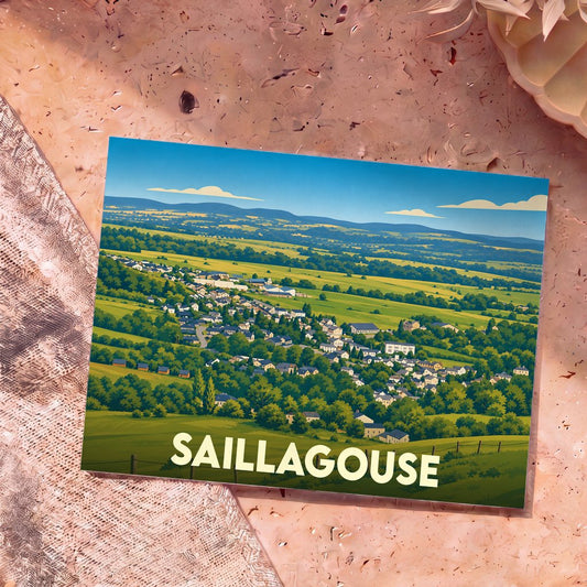Carte postale souvenir de la ville de Saillagouse avec une illustration stylisée d'un paysage de montagne.