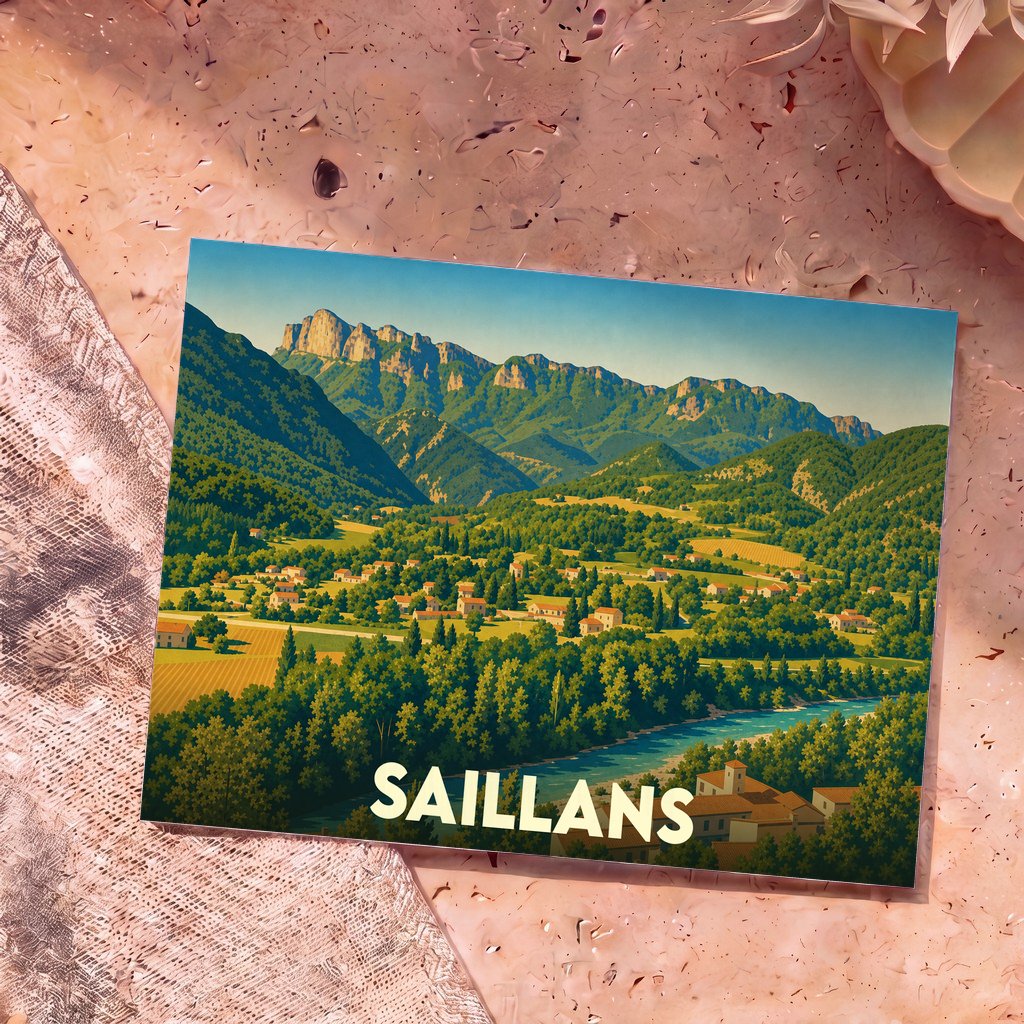 Carte postale souvenir de la ville de Saillans illustrant un paysage de vallée montagneuse avec une rivière.