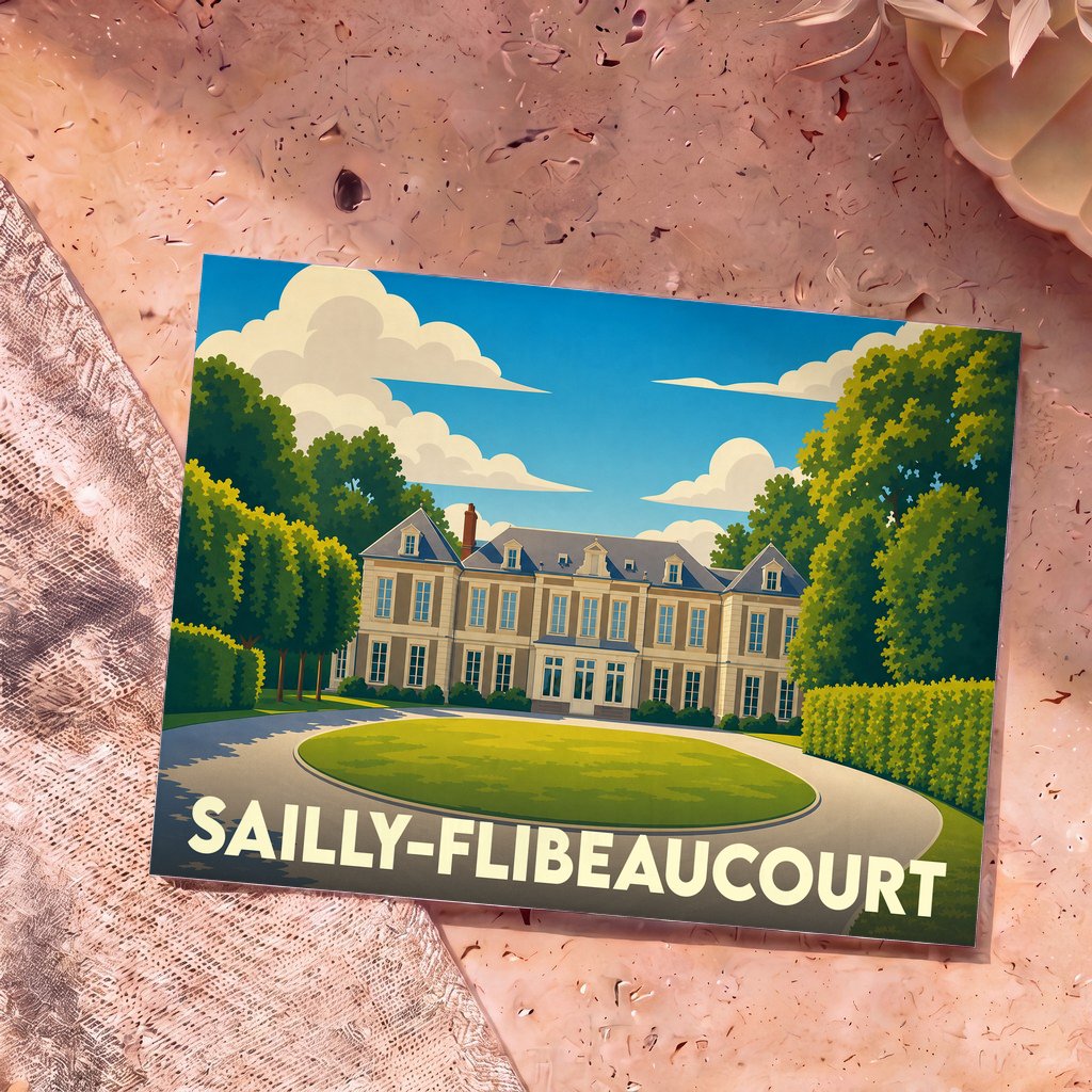 Carte postale souvenir de la ville de Sailly-Flibeaucourt avec une illustration stylisée d'un château.