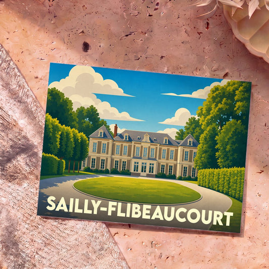 Carte postale souvenir de la ville de Sailly-Flibeaucourt avec une illustration stylisée d'un château.