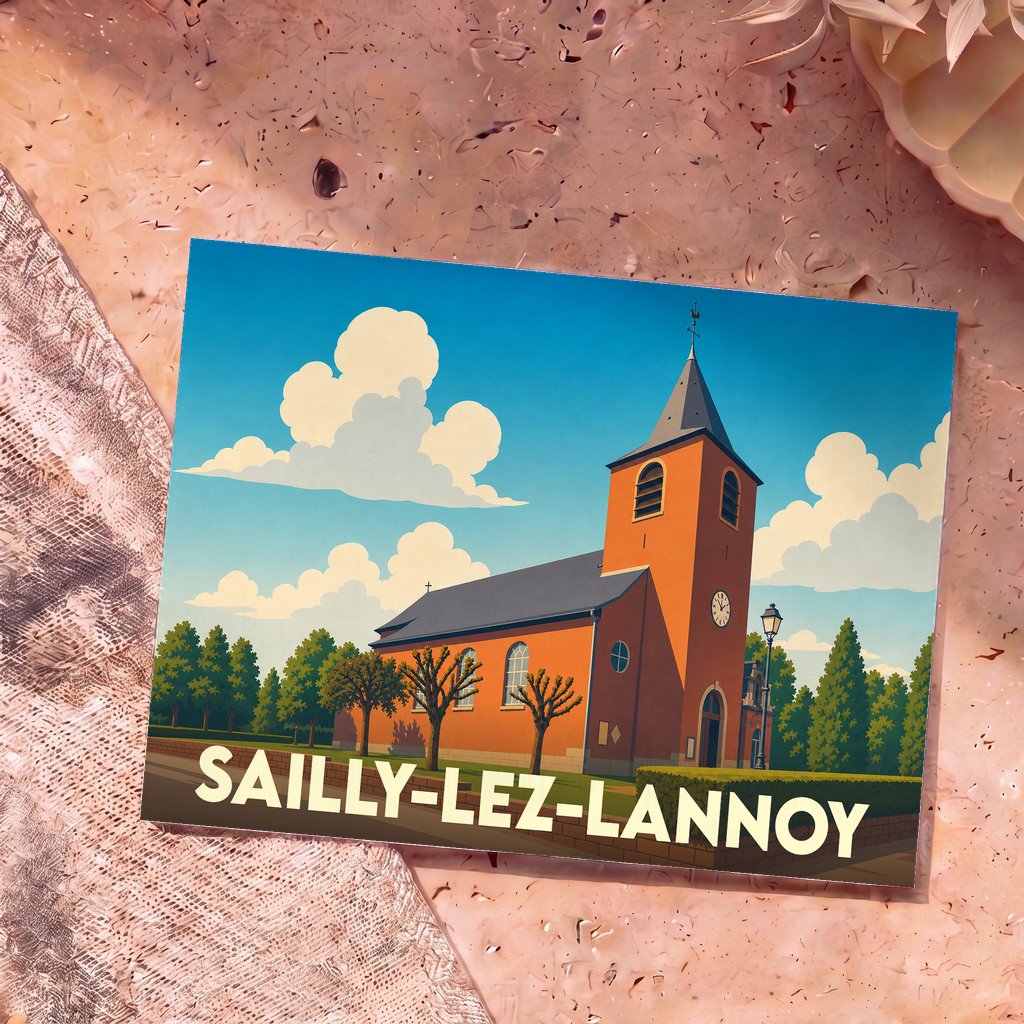 Carte postale souvenir de la ville de Sailly-lez-Lannoy avec une illustration stylisée de son église sous un ciel bleu.