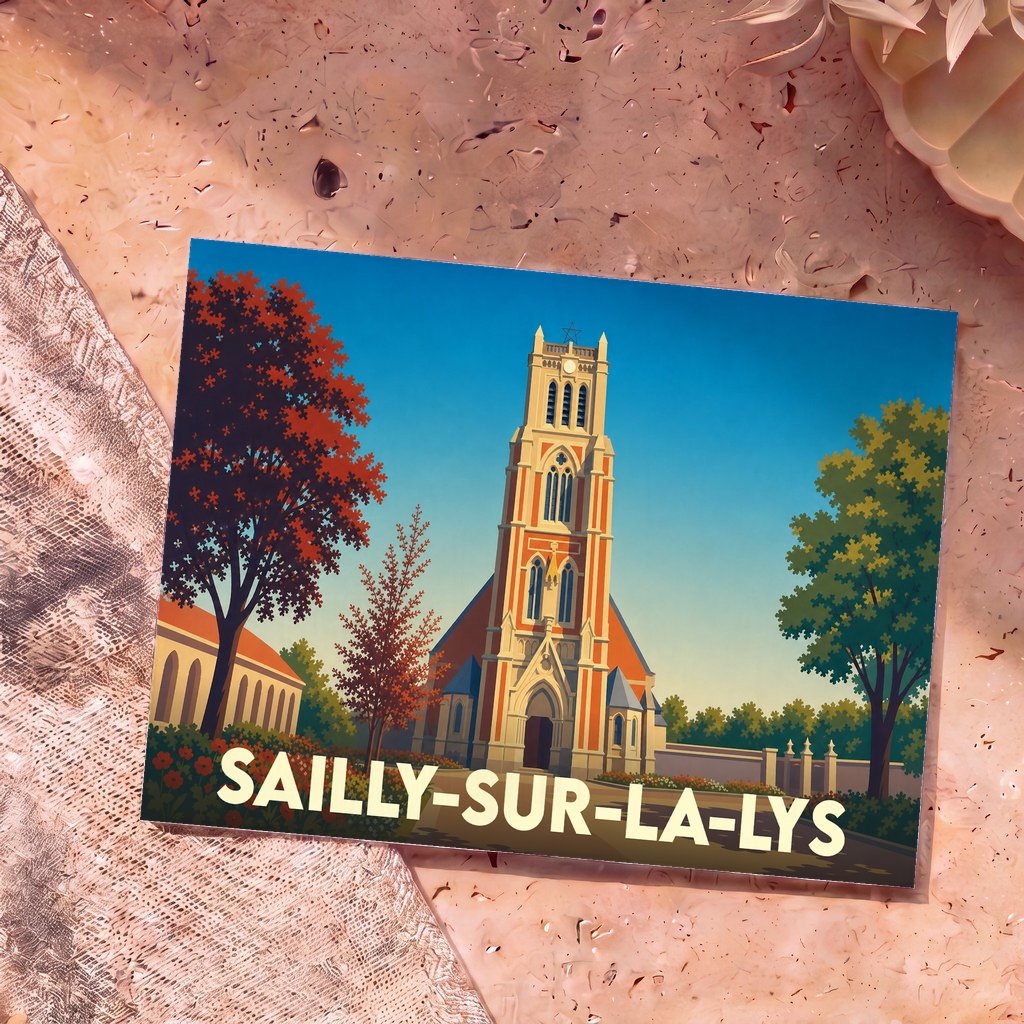 Carte postale souvenir de la ville de Sailly-sur-la-Lys avec une illustration stylisée de son église et d'arbres colorés.