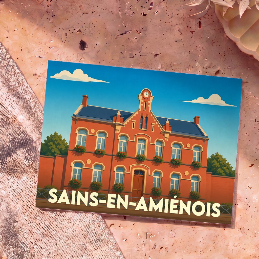 Carte postale souvenir de la ville de Sains-en-Amiénois avec une illustration stylisée de sa mairie.
