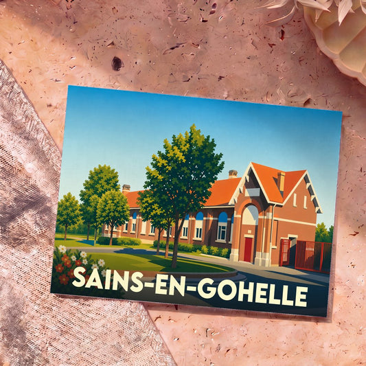 Carte postale souvenir de la ville de Sains-en-Gohelle avec une illustration stylisée de son patrimoine architectural.