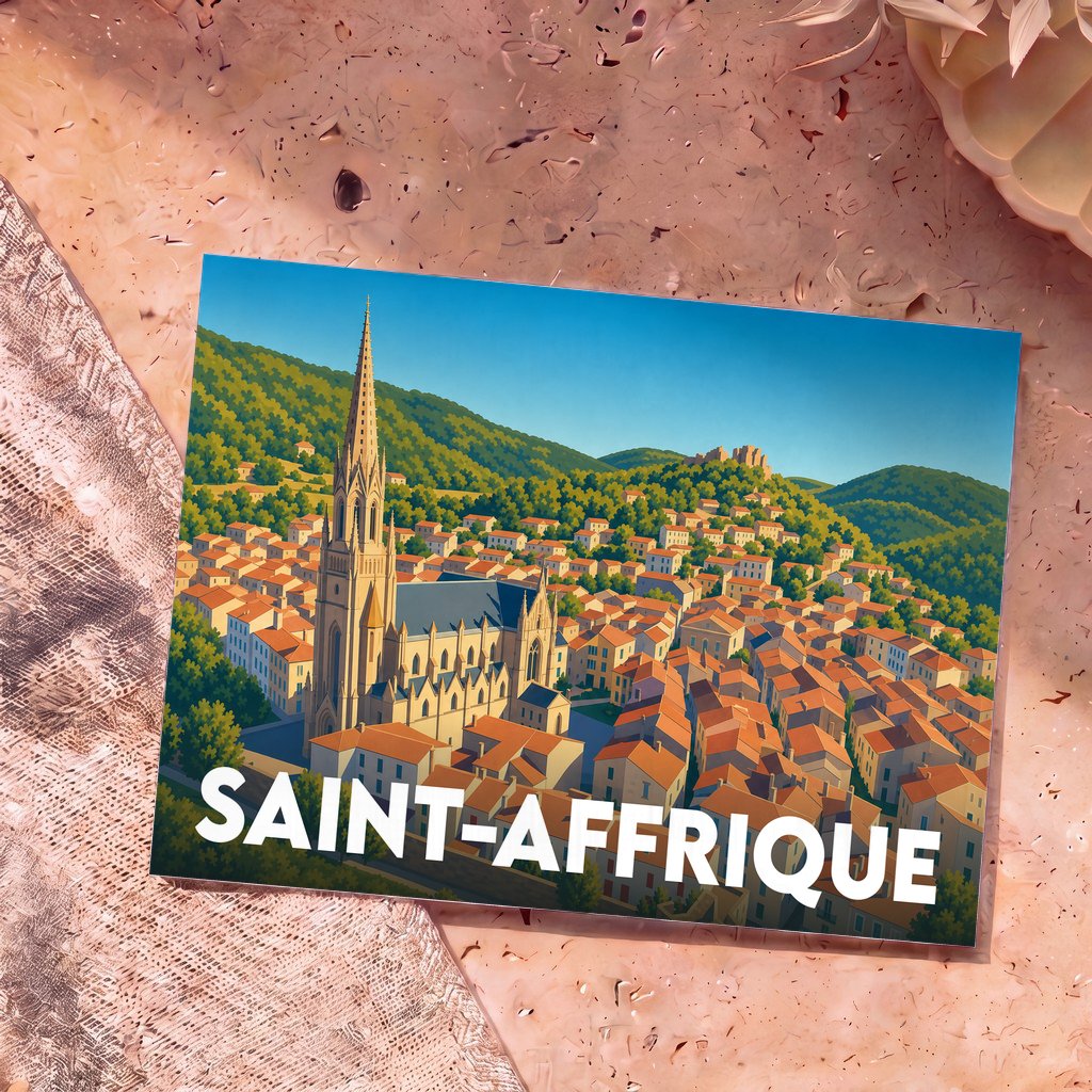 Carte postale souvenir de la ville de Saint-Affrique avec une illustration stylisée de son église et de ses toits.