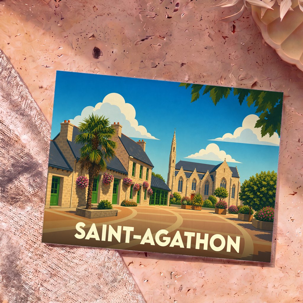 Carte postale souvenir de la ville de Saint-Agathon avec une illustration colorée et stylisée de son architecture.